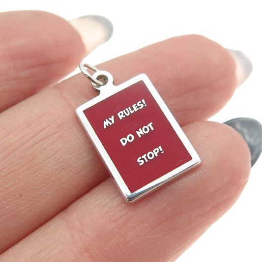 925 Sterling Silver Red Enamel "My Rules! Do Not Stop!" Minimalist Charm Pendant