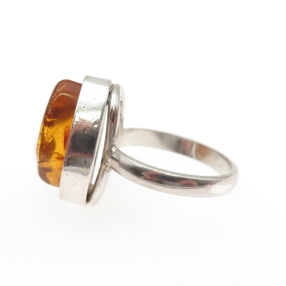 925 Sterling Silver Vintage Real Amber Modernist Ring Size 8
