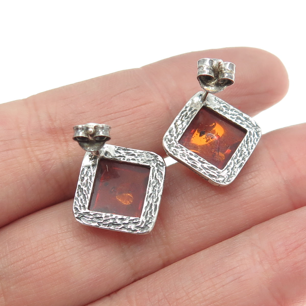 925 Sterling Silver Vintage Real Amber Roped Square Earrings