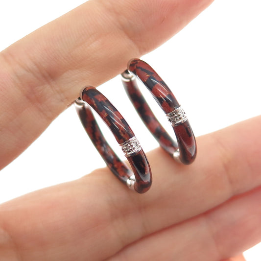 925 Sterling Silver Enamel Real Round-Cut Diamond Hoop Earrings