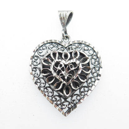 MORNING SUN 925 Sterling Silver Vintage Ornate Heart Oxidized Pendant