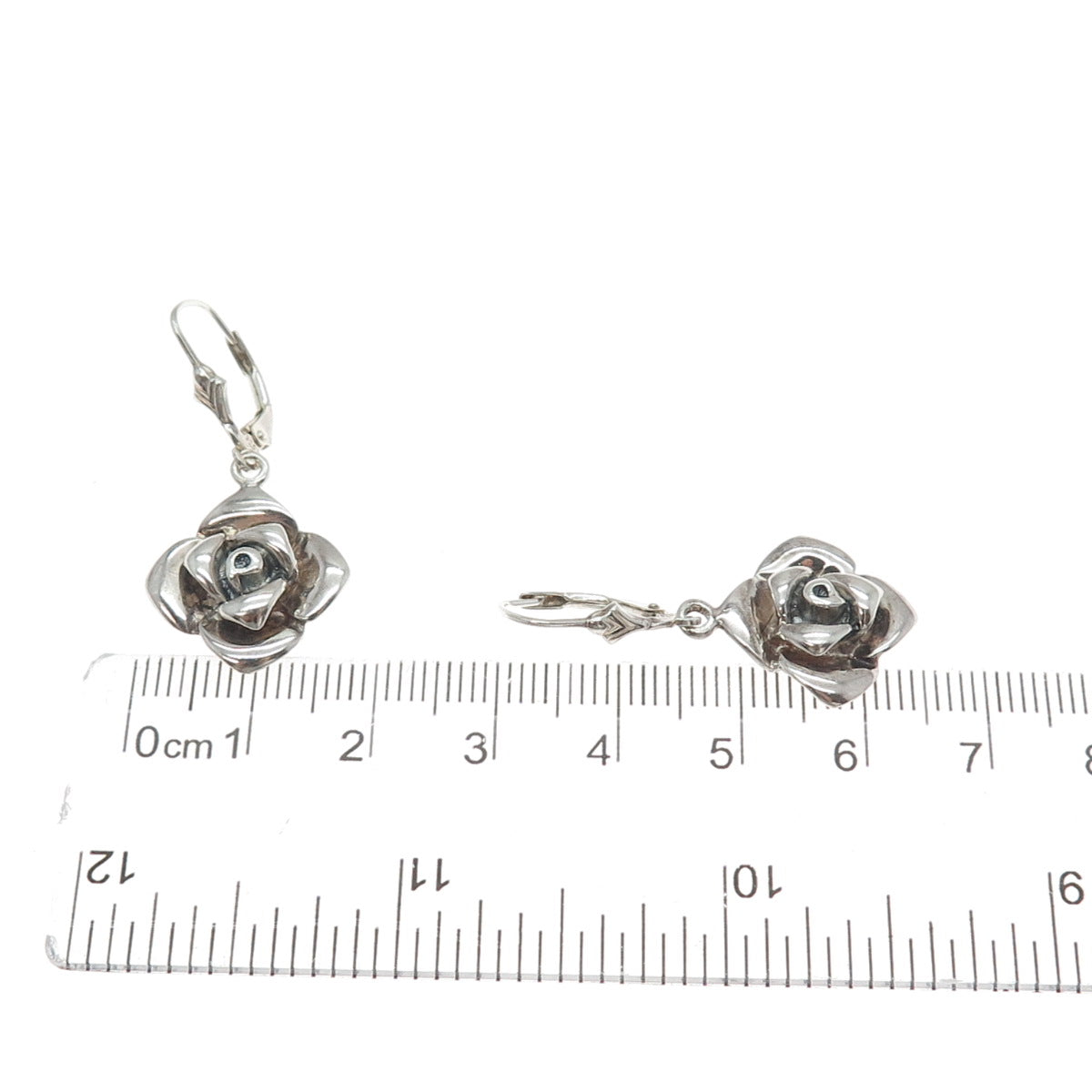 925 Sterling Silver Vintage Rose Flower Oxidized Dangle Earrings