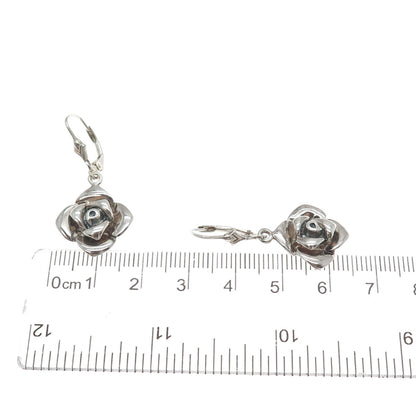 925 Sterling Silver Vintage Rose Flower Oxidized Dangle Earrings