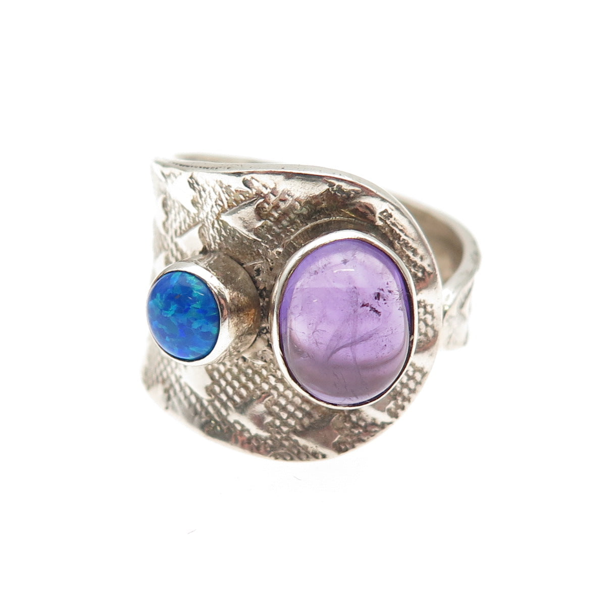 925 Sterling Vintage Real Amethyst & Opal Modernist Adjustable Ring Size 7.5