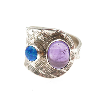 925 Sterling Vintage Real Amethyst & Opal Modernist Adjustable Ring Size 7.5
