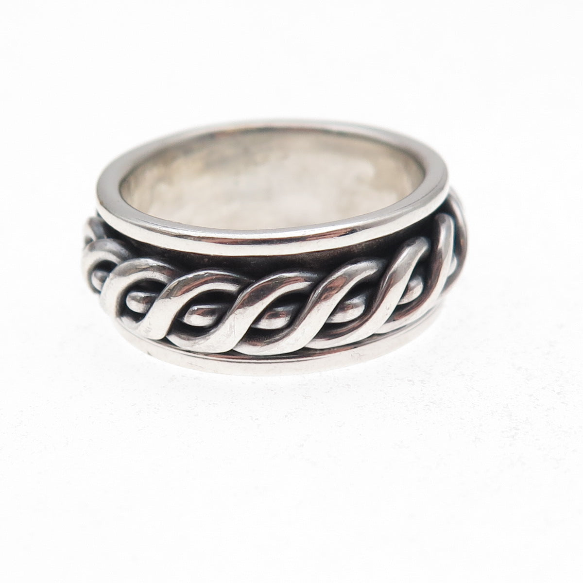 925 Sterling Silver Vintage Woven Oxidized Rotating Band Ring Size 8