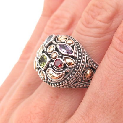 Samuel Benham 925 Sterling Silver 18K Gold Vintage Real Multi-Gem Ring Size 9