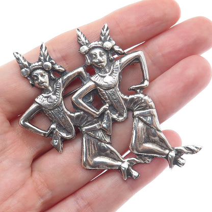 925 Sterling Silver Vintage Tribal Dancer Gemini Zodiac Sign Oxidized Pin Brooch