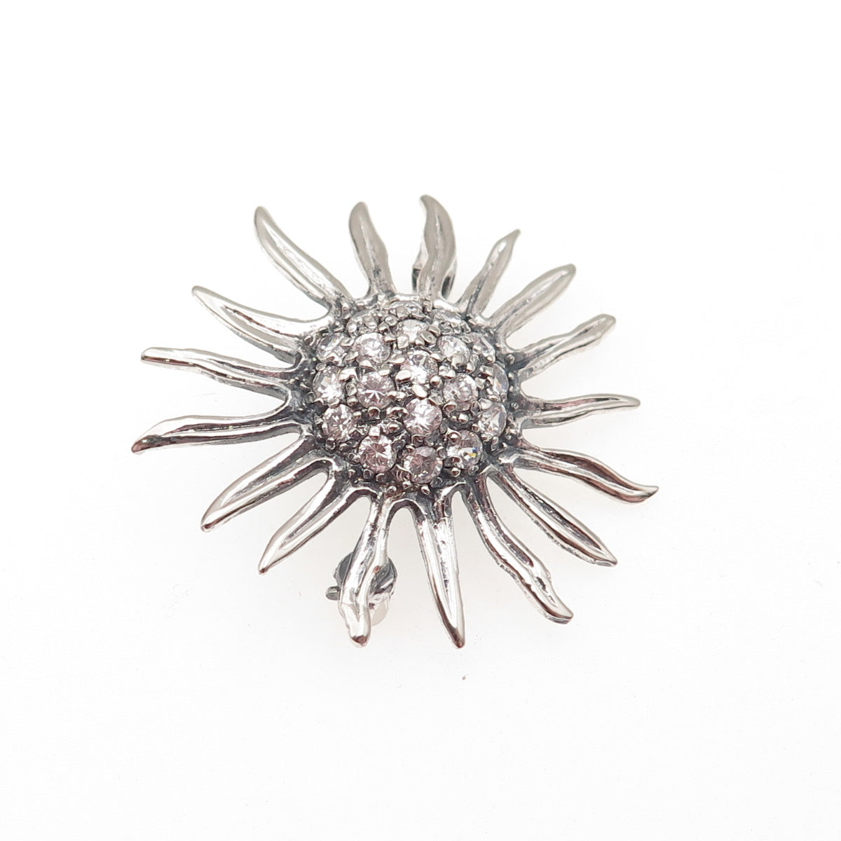 925 Sterling Silver Vintage Round-Cut C Z Modernist Floral Oxidized Pin Brooch