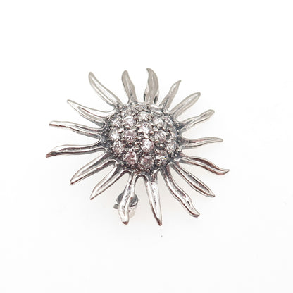 925 Sterling Silver Vintage Round-Cut C Z Modernist Floral Oxidized Pin Brooch