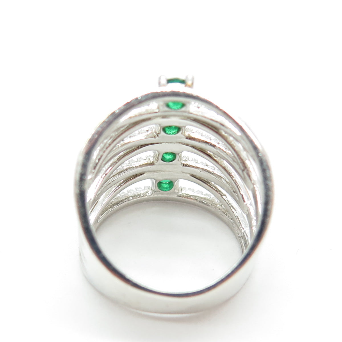 925 Sterling Silver 2-Tone Chrome Diopside & C Z Multi-Row Spine Ring Size 6.75