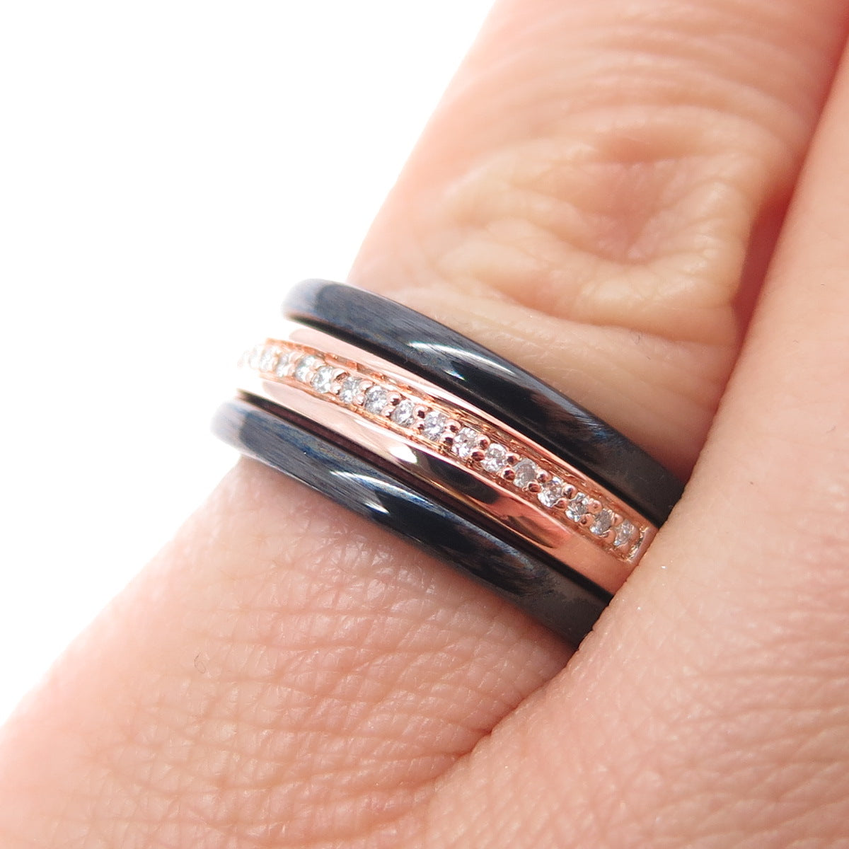 925 Sterling Silver & Ceramic Real Diamond SET of 3 Stackable Band Ring Size 6