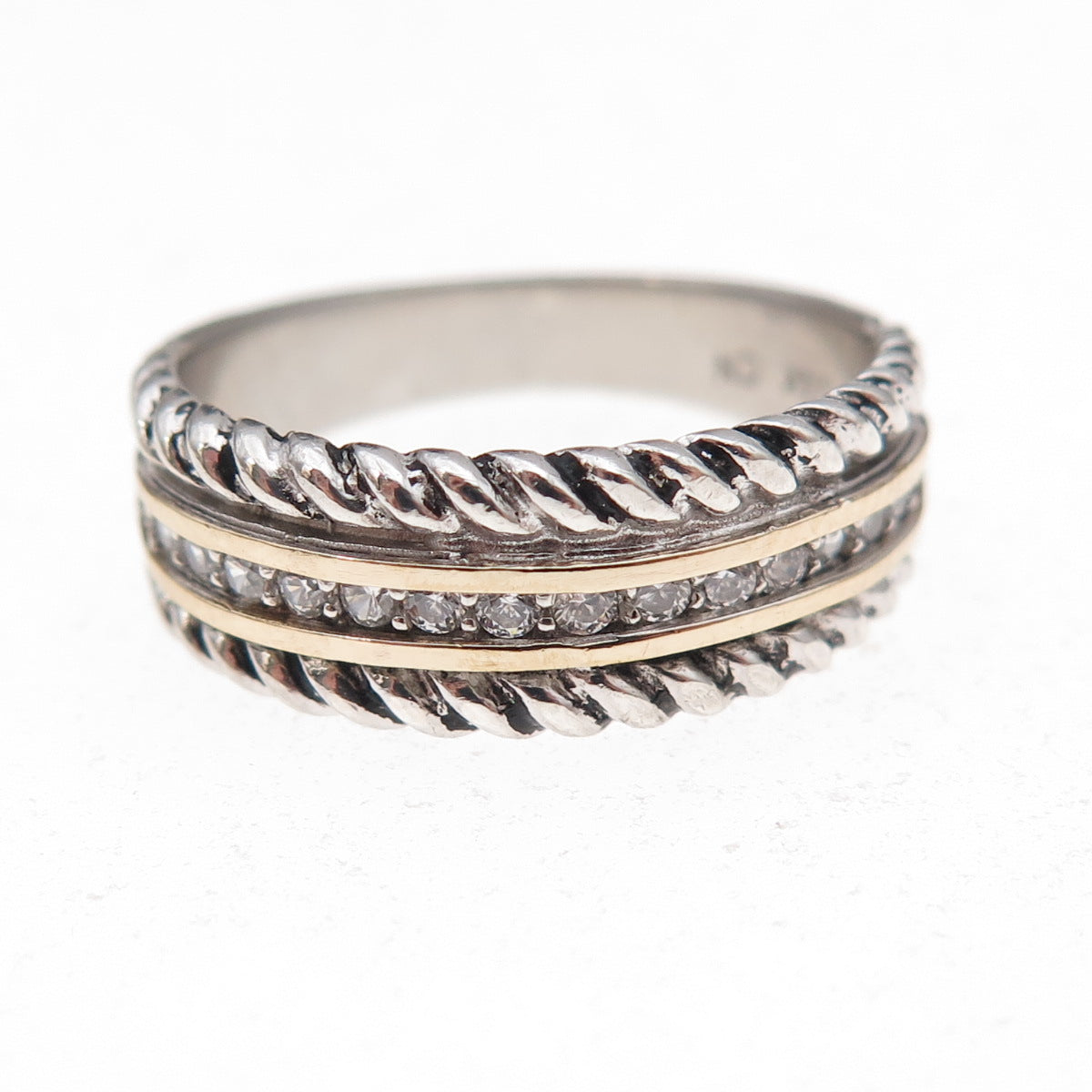 925 Sterling Silver 14K Gold Vintage Round-Cut C Z Oxidized Ring Size 7