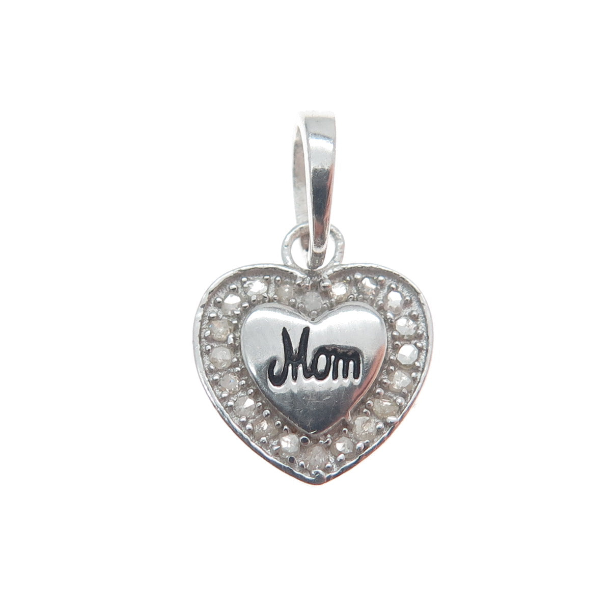 925 Sterling Silver Real Round-Cut Diamond Mom Heart Minimalist Charm Pendant