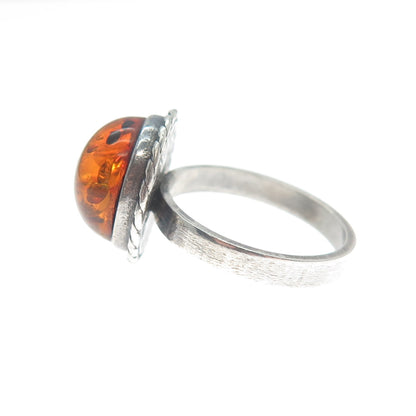 925 Sterling Silver Vintage Real Amber Modernist Oxidized Ring Size 6.5