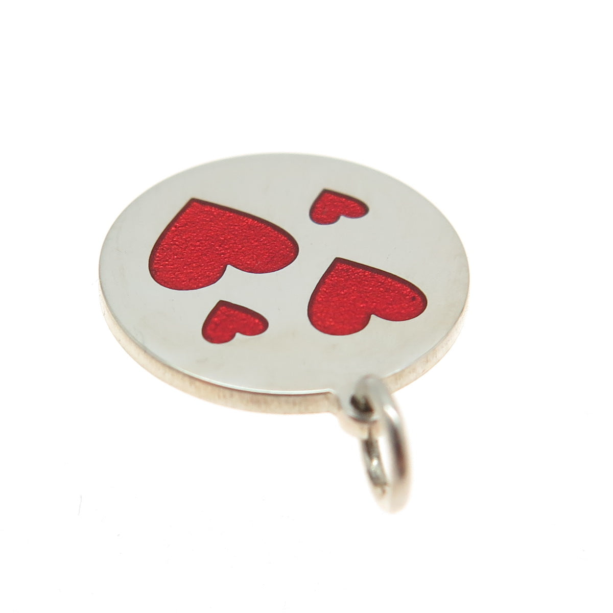 925 Sterling Silver Red Enamel Family Heart Round Tag Minimalist Charm Pendant