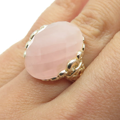 925 Sterling Silver Gold Plated Checkered Rose Quartz Ornate Ring Size 6.25