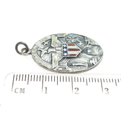 925 Sterling Silver Antique Art Deco Enamel WWII US Army Religious Pendant