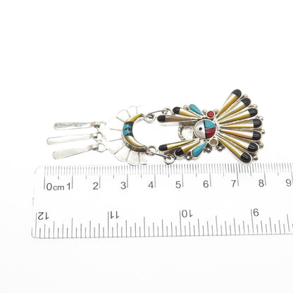 Old Pawn Silver Turquoise Onyx Coral MOP Indian Chief Pendant (missing 1 stone)