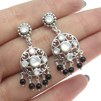 925 Sterling Silver Vintage Real Mother-of-Pearl & Black Onyx Dangling Earrings