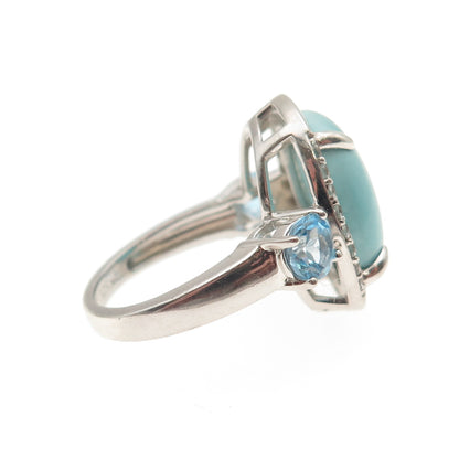925 Sterling Silver Real Larimar White & Blue Topaz Ring Size 6.25
