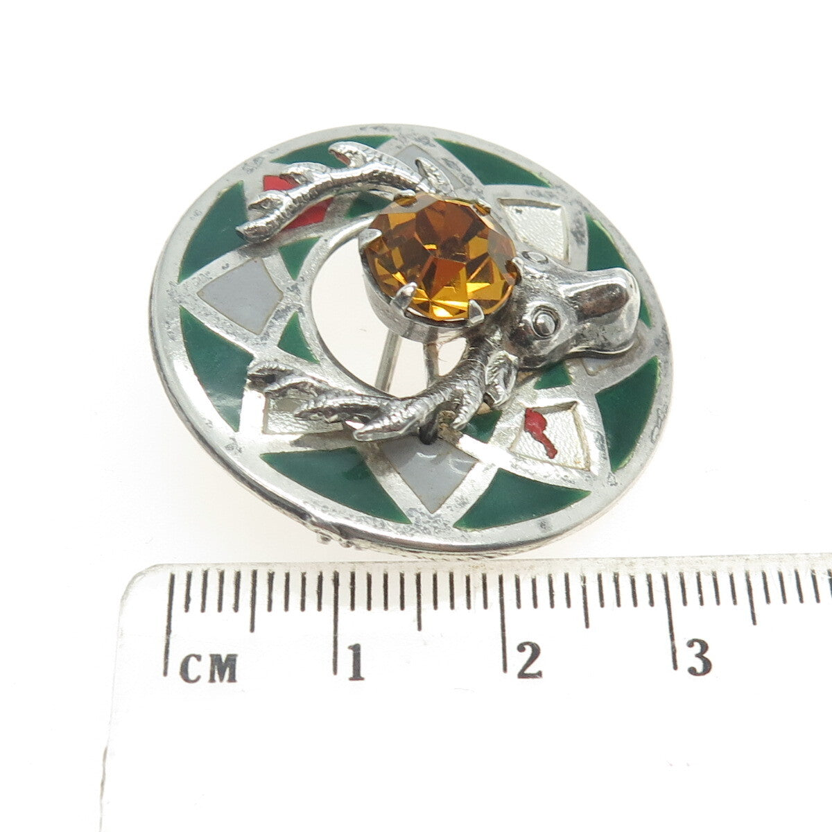 925 Sterling Silver Vintage Enamel Yellow Rhinestone Scottish Stag Pin Brooch
