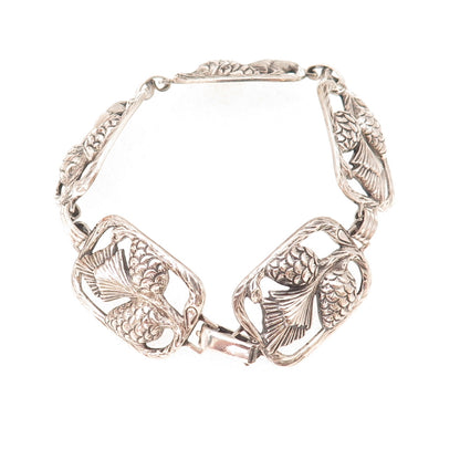Danecraft Sterling Silver Antique Art Deco Pinecone Panel Link Bracelet 7.25"