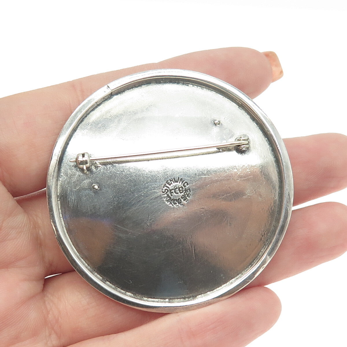 925 Sterling Silver Vintage Mexico Modernist Zig-Zag Round Pin Brooch