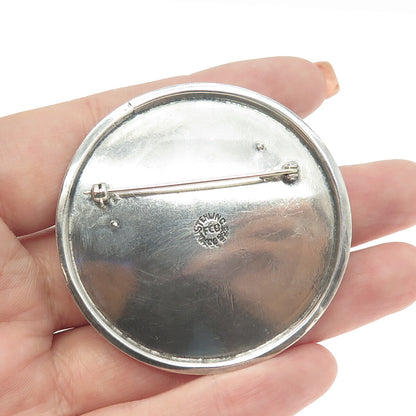 925 Sterling Silver Vintage Mexico Modernist Zig-Zag Round Pin Brooch