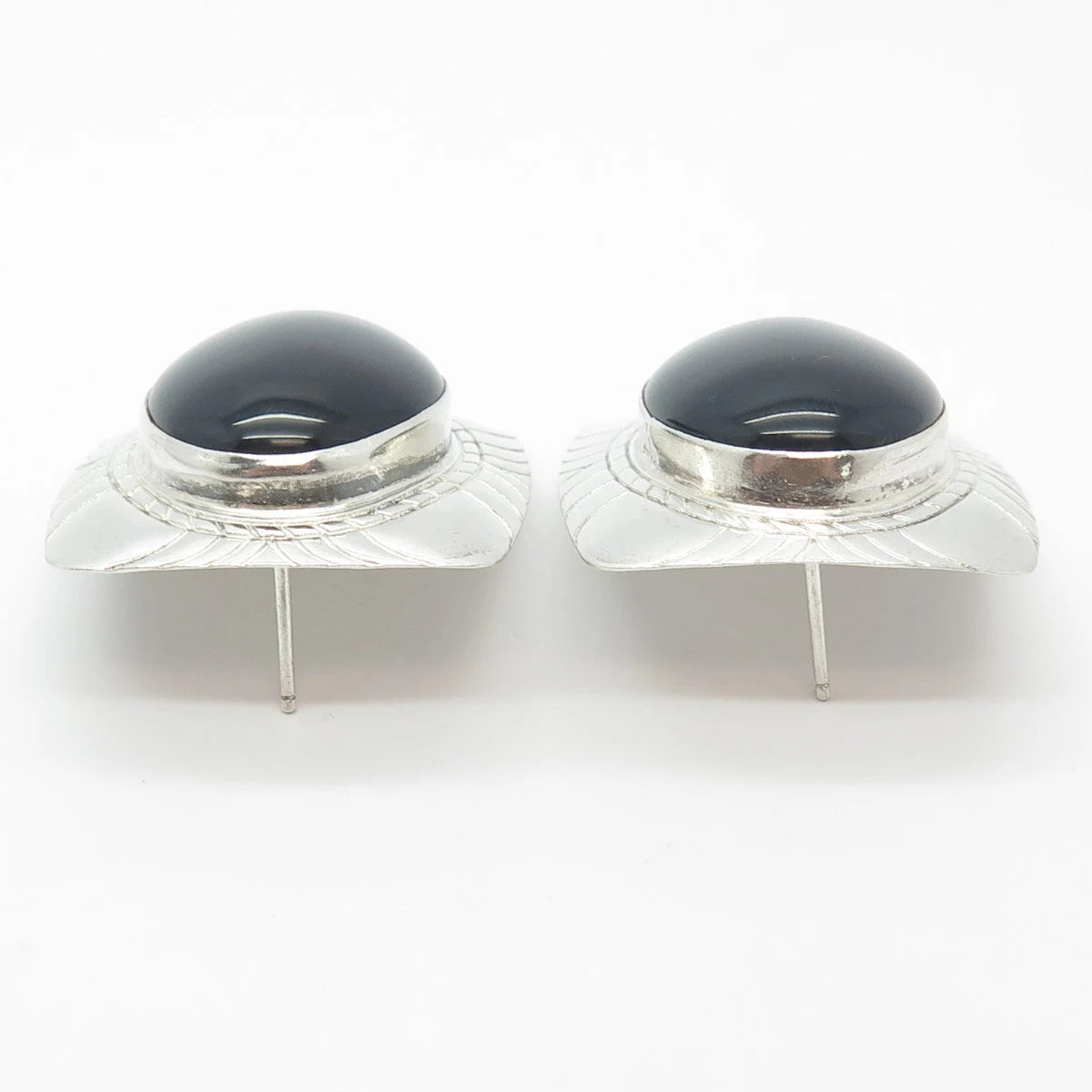 925 Sterling Silver Vintage Real Black Onyx Gem Carved Rectangle Earrings