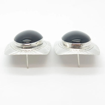 925 Sterling Silver Vintage Real Black Onyx Gem Carved Rectangle Earrings