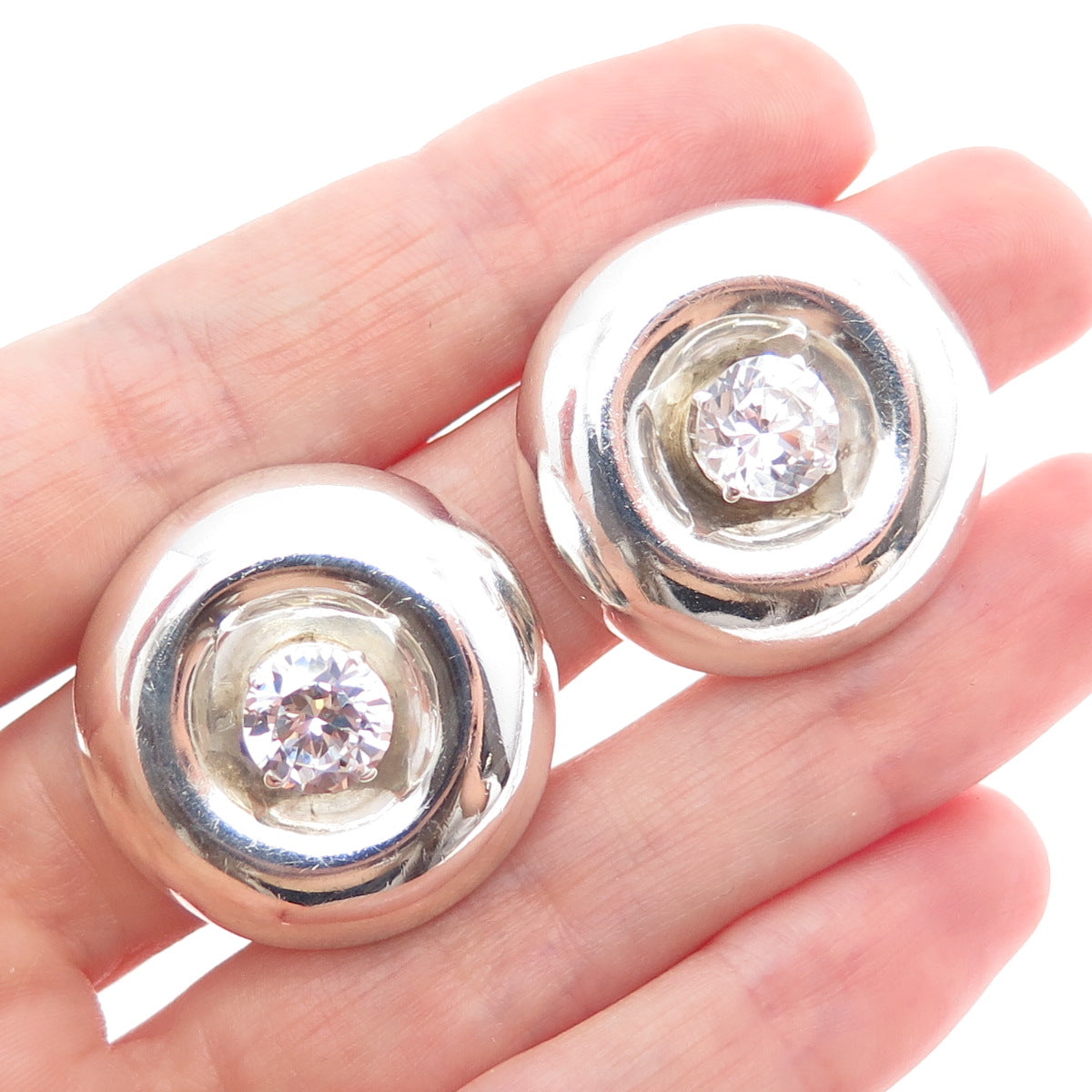 925 Sterling Silver Vintage Mexico Round-Cut C Z Modernist Clip On Earrings