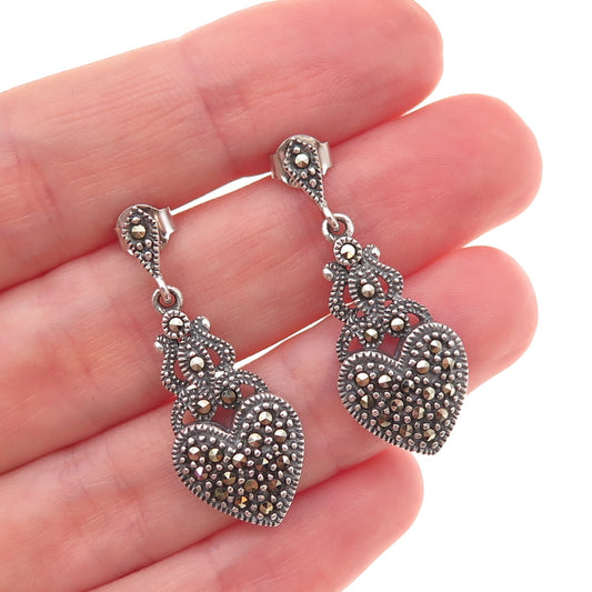 925 Sterling Silver Vintage Real Marcasite Heart Oxidized Dangle Earrings