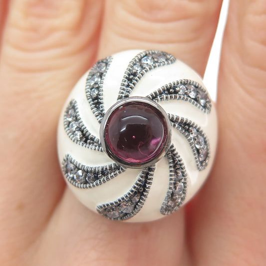 FADI 925 Sterling Silver Black Rhodium Enamel Real Amethyst & C Z Ring Size 7.5