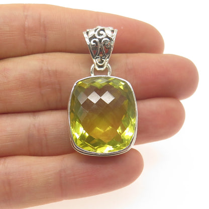 925 Sterling Silver Vintage Real Cushion-Cut Lime Citrine Ornate Pendant