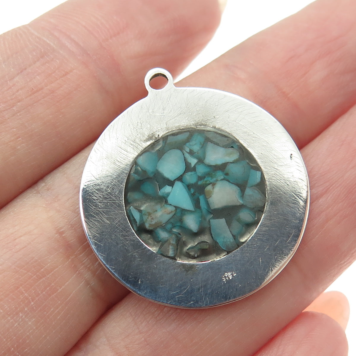 925 Sterling Silver Vintage Real Turquoise Inlay Round Pendant