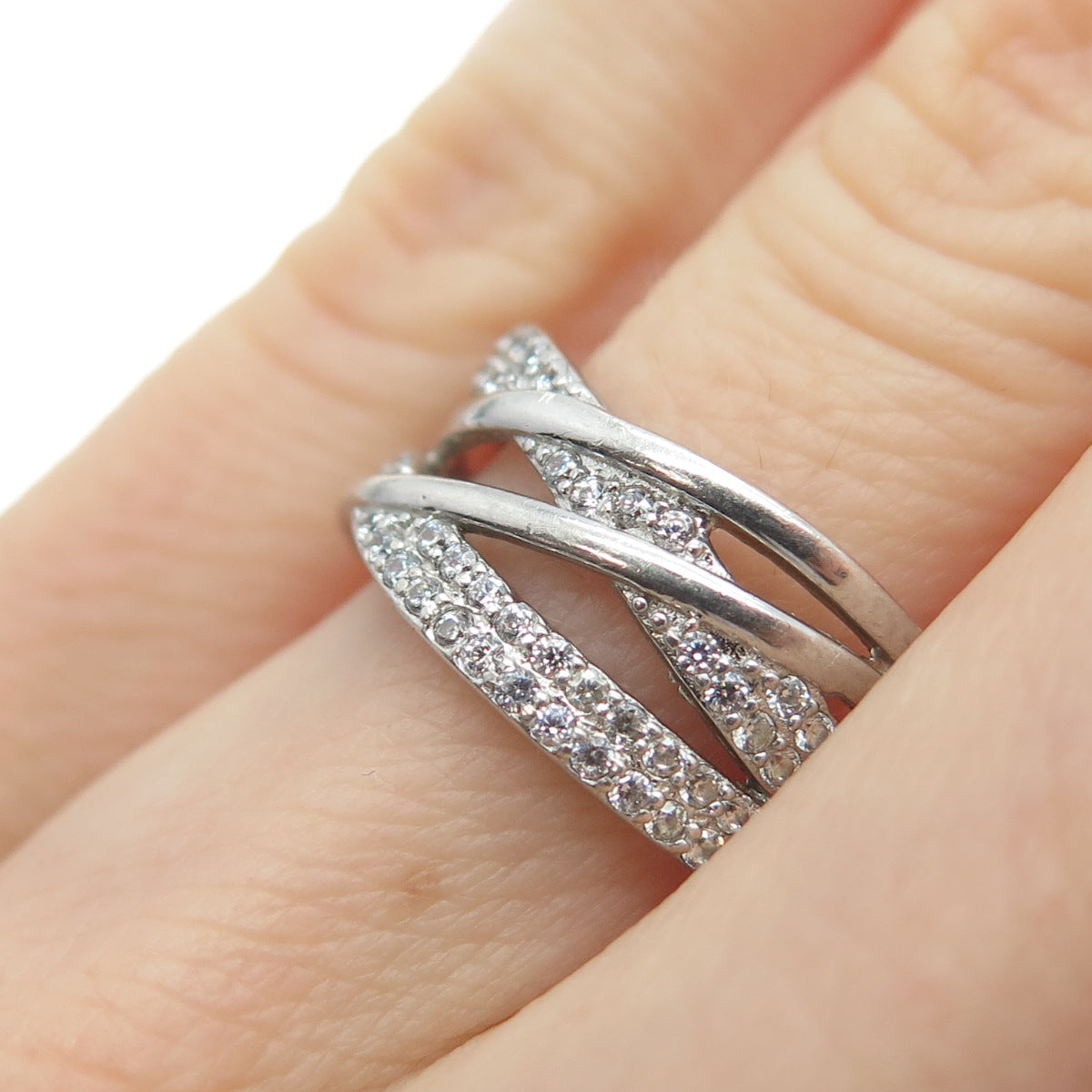 925 Sterling Silver Round-Cut C Z Crisscross Ring Size 6