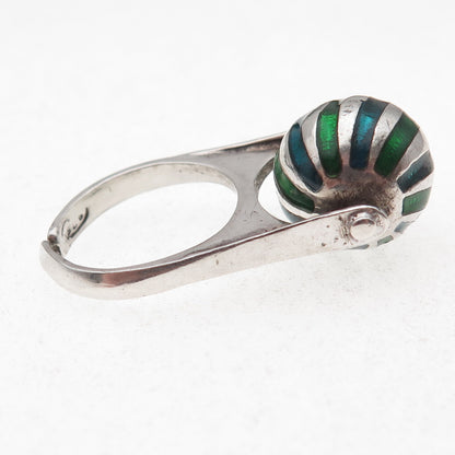 925 Sterling Silver Vintage Italy Enamel Modernist Ball Adjustable Ring Size 6