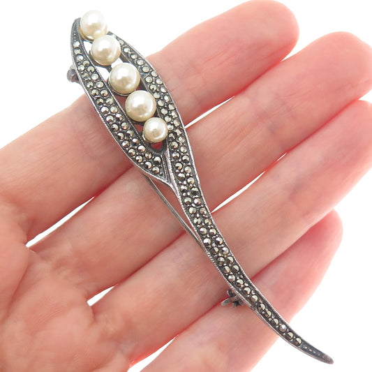 925 Sterling Silver Vintage Faux Pearl Real Marcasite Art Deco Style Pin Brooch