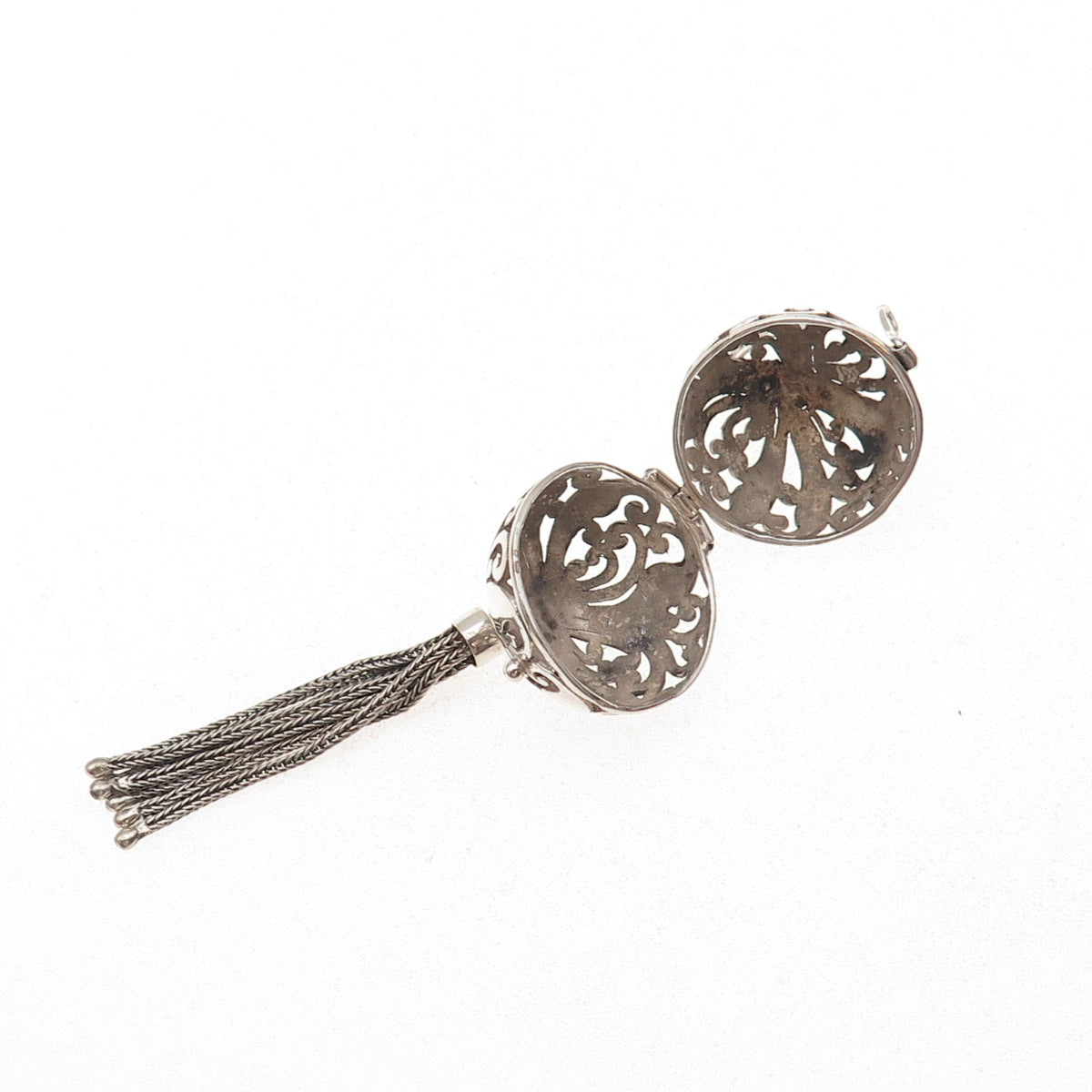 Annika Witt 925 Sterling Silver Vintage Floral Scroll Ball Cage Tassel Pendant