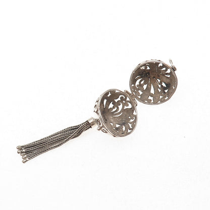Annika Witt 925 Sterling Silver Vintage Floral Scroll Ball Cage Tassel Pendant