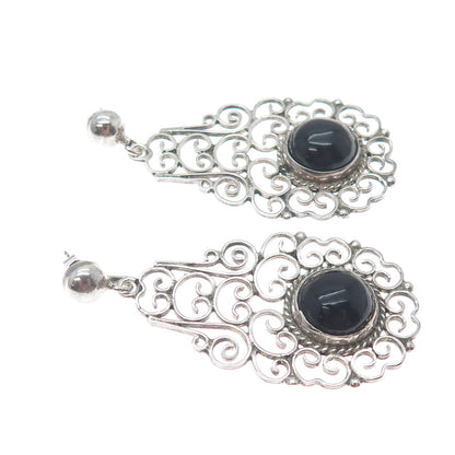 925 Sterling Silver Vintage Real Black Onyx Ornate Oxidized Dangle Earrings