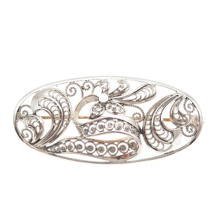 925 Sterling Silver Vintage Germany Floral Filigree Pin Brooch