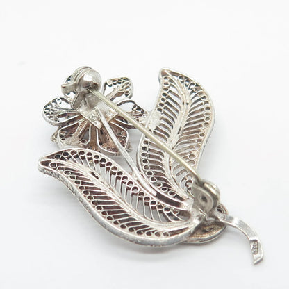 925 Sterling Silver Vintage Floral Filigree Pin Brooch
