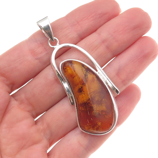 925 Sterling Silver Vintage Real Amber Modernist Charm Pendant
