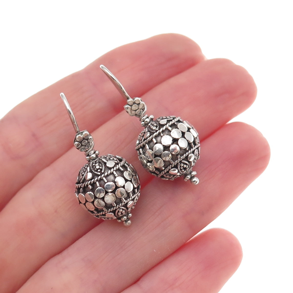 925 Sterling Silver Vintage Dotted Ball Oxidized Dangle Earrings