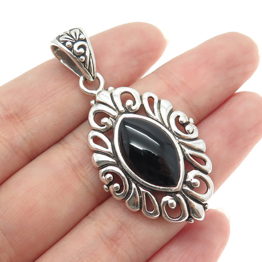 925 Sterling Silver Vintage Real Marquise-Cut Black Onyx Floral Pendant