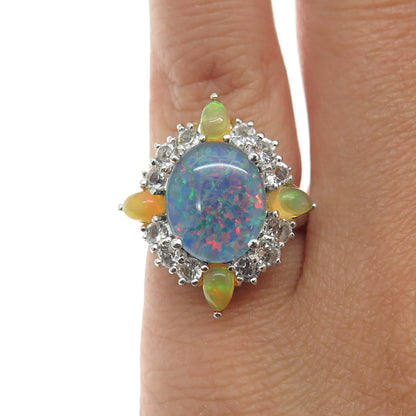 925 Sterling Silver Real Multi-Color Opal & White Topaz Ring Size 5.25