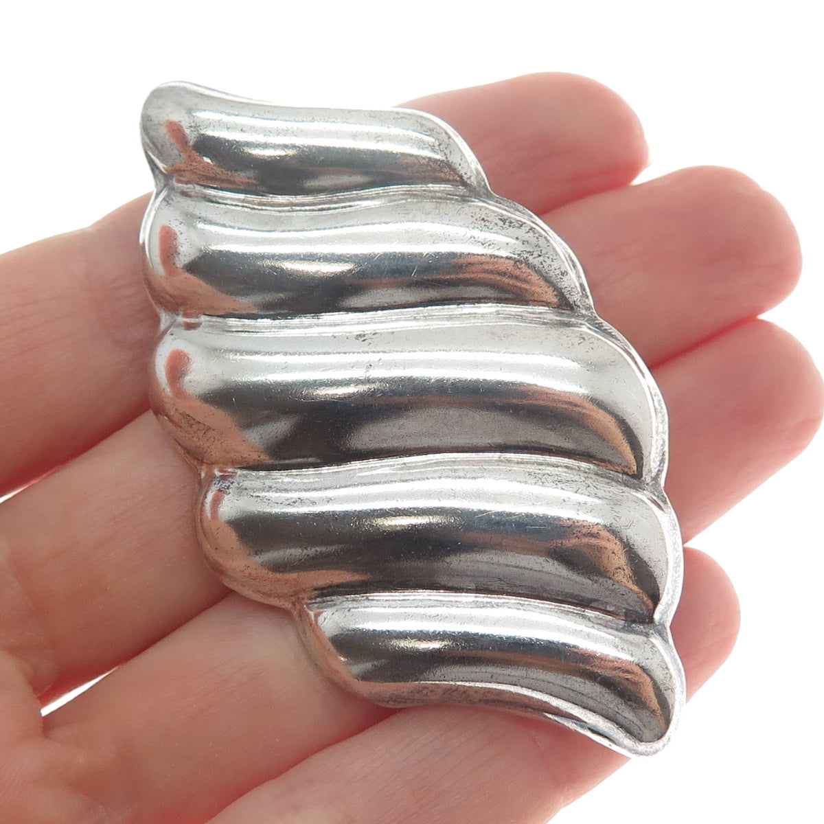 925 Sterling Silver Vintage Mexico Modernist Puffy Ribbed Pin Brooch / Pendant