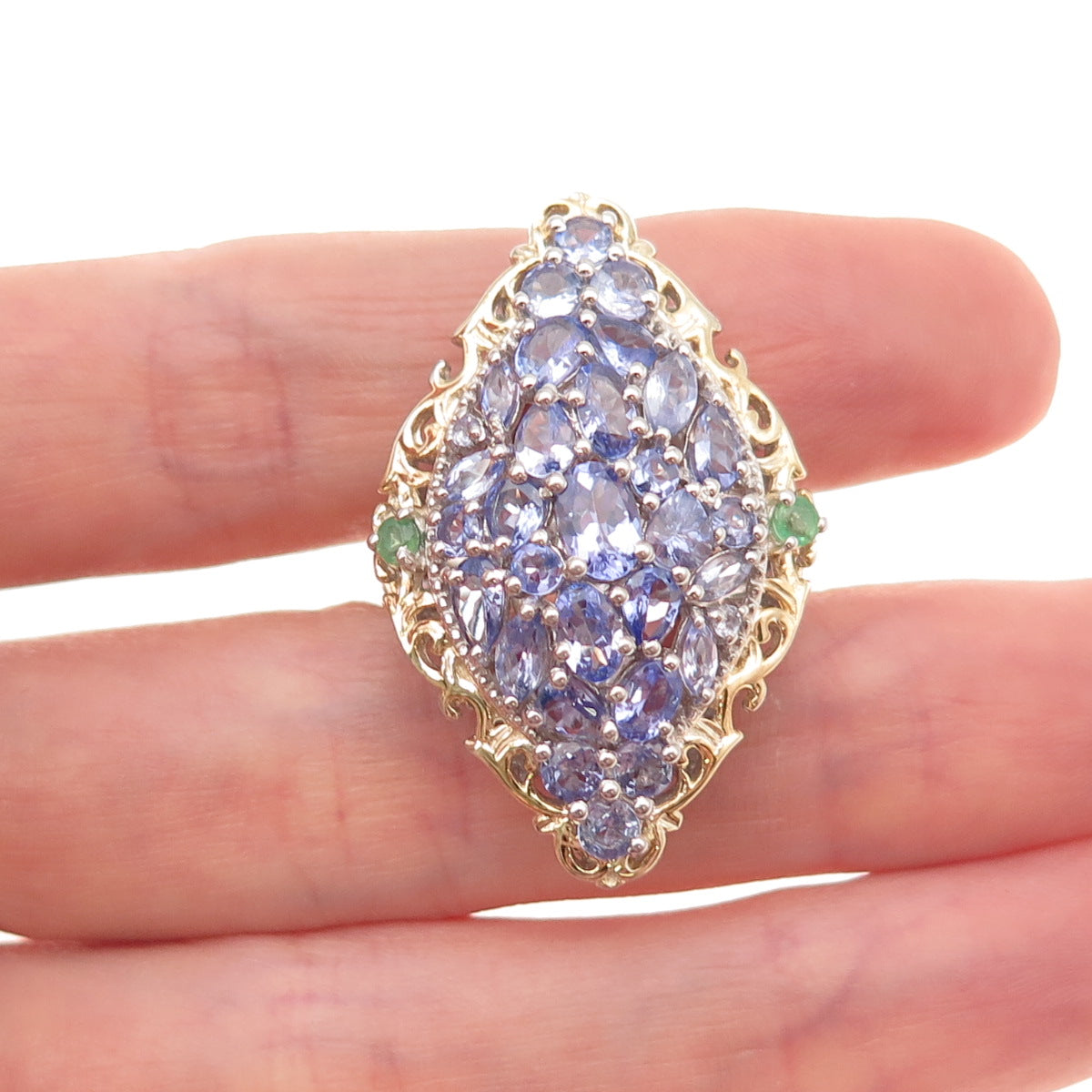 Chuck Clemency 925 Sterling Silver 2-Tone Real Tanzanite Emerald Ring Size 8.25